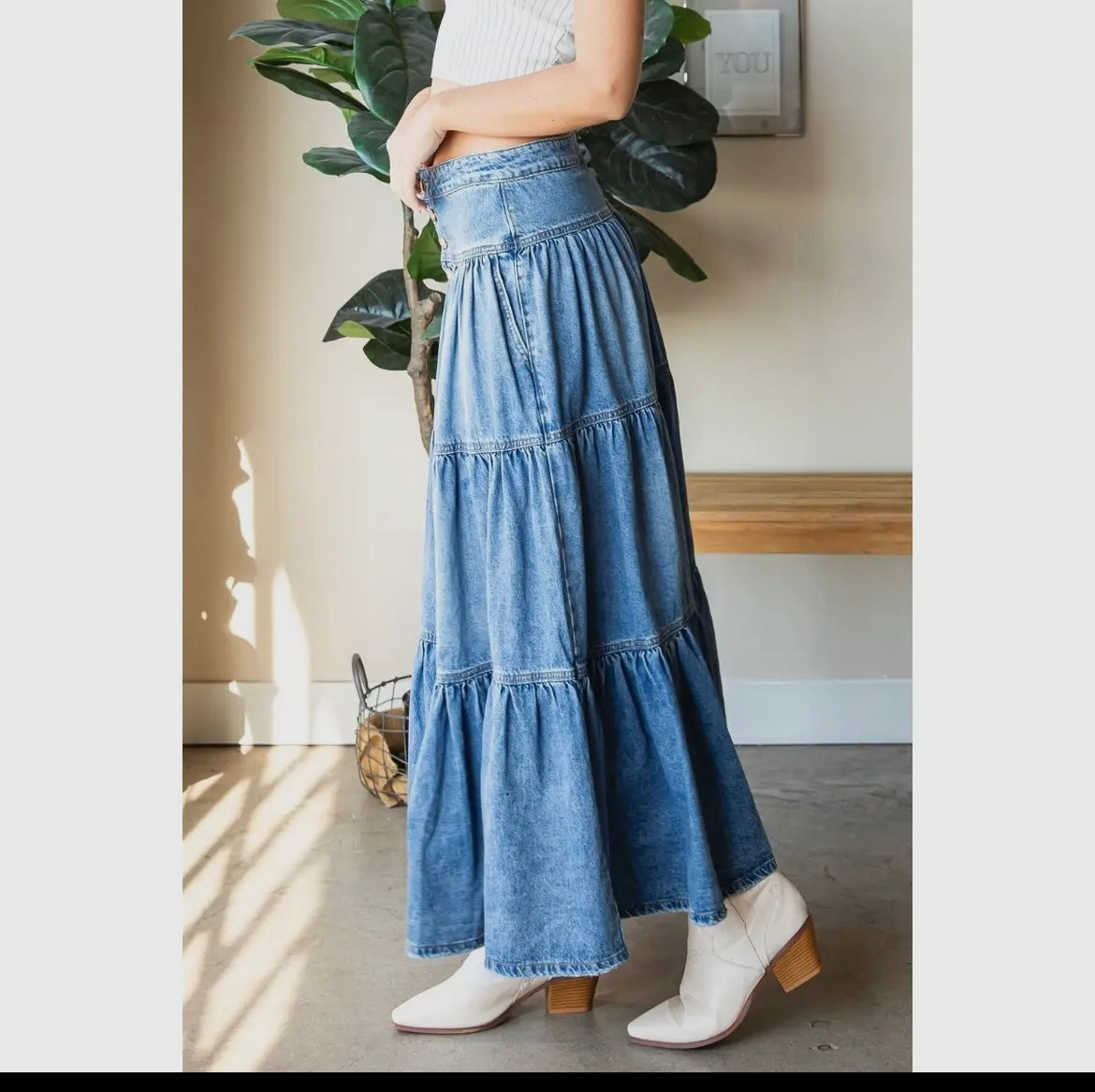 Front Button 3 Tiered Denim Skirt