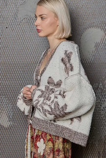POL Balloon Sleeve V-Neck Floral Chenille Sweater Cardigan