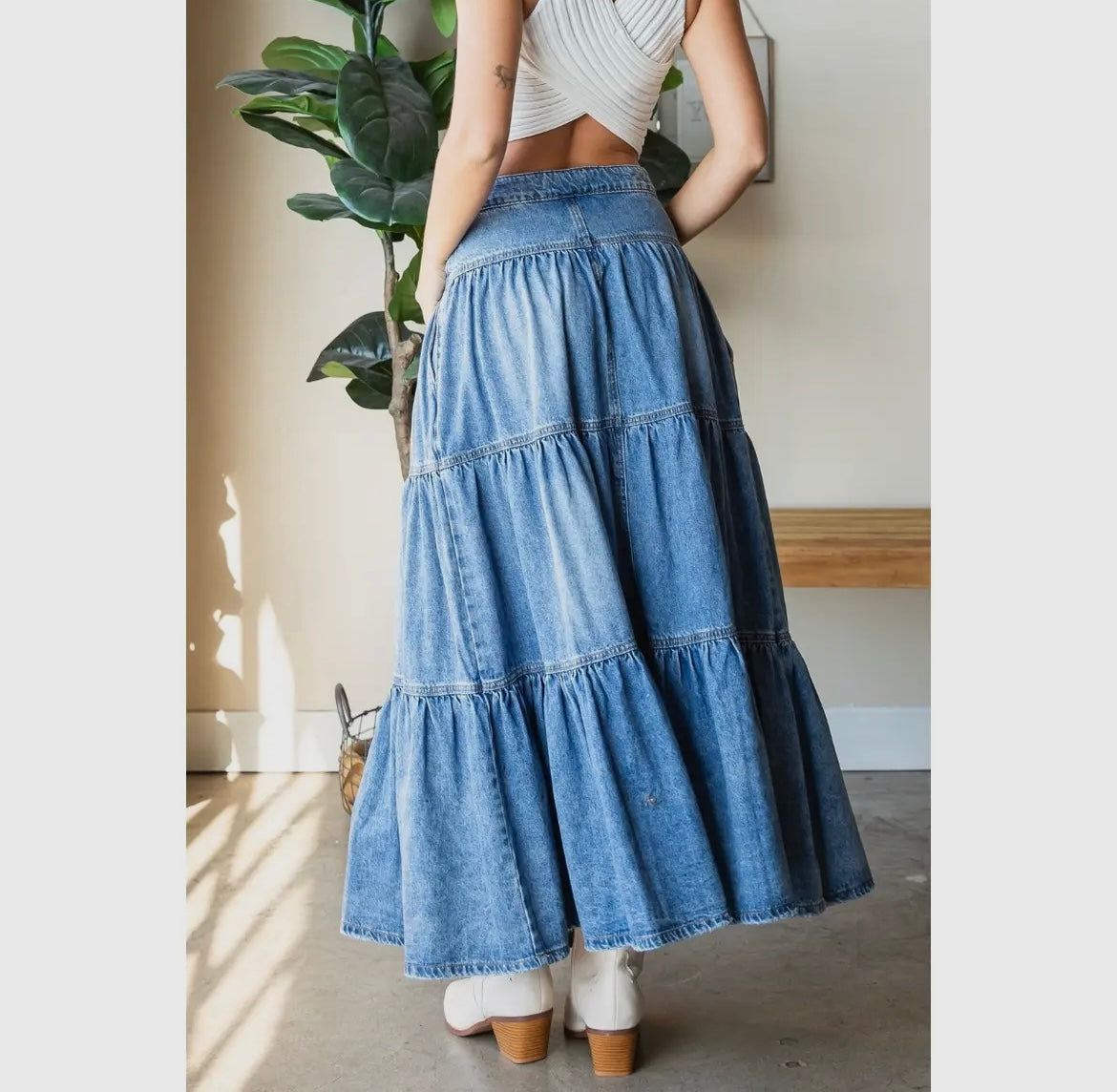 Denim Skirt-Front Button 3 Tiered