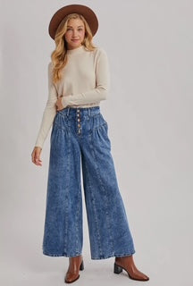 Bluivy Denim Pleated Retro High-Rise Wide Leg Jeans