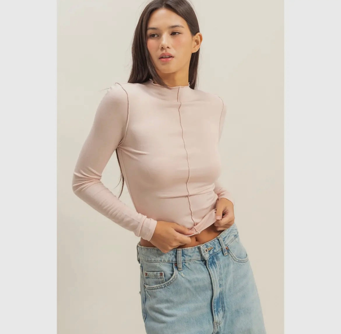 Mock Neck Seam Detail Long Sleeve Top