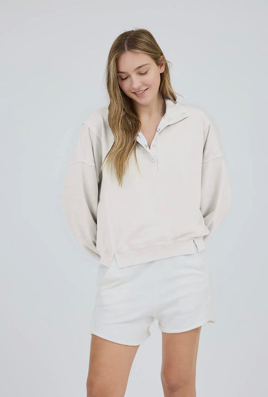 Washed Half Snap Button Long Sleeve Knit Top