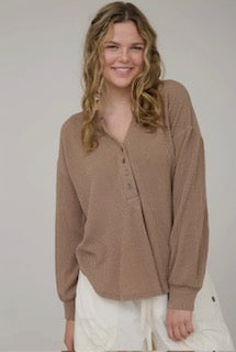 Washed Ribbed Long Sleeve Henley Top