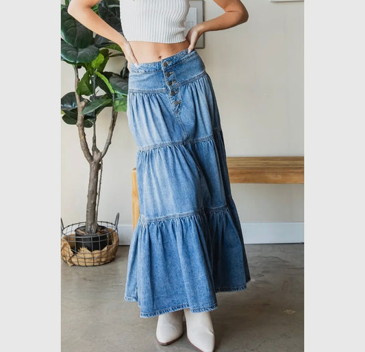 Front Button 3 Tiered Denim Skirt