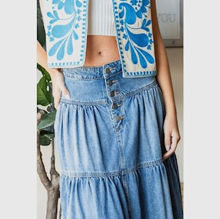 Front Button 3 Tiered Denim Skirt