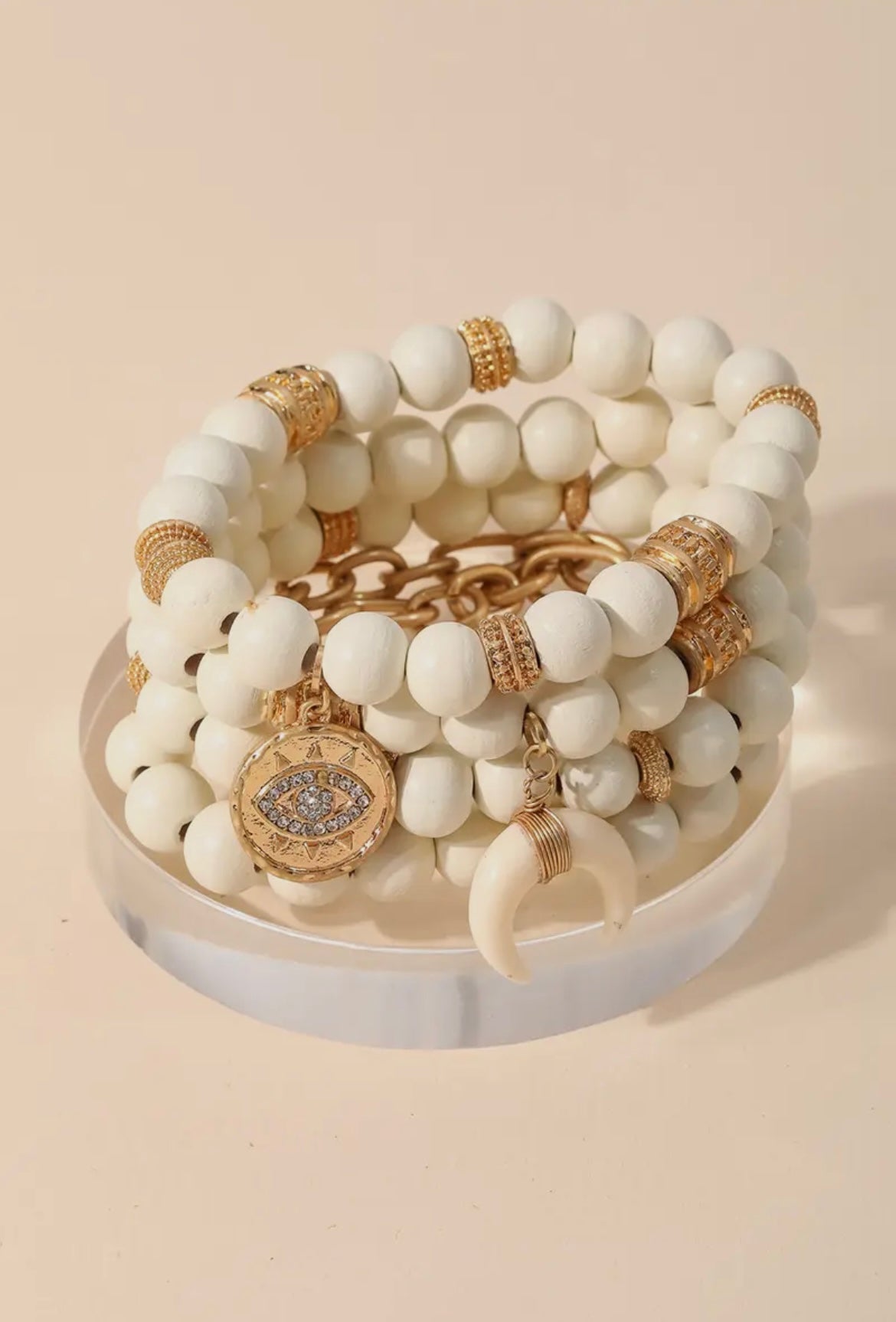 Boho Wooden Ball Beaded Evil Eye Charm Bracelet Set