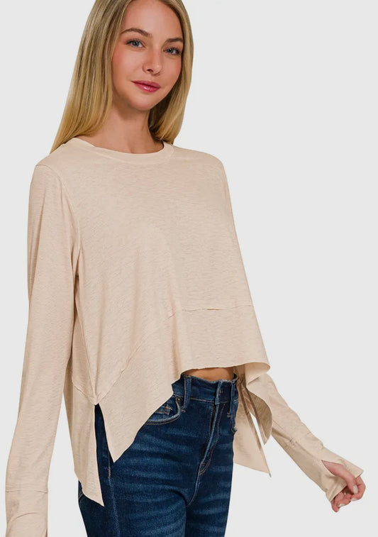 Shark Bite Side Slit Long Sleeve Top