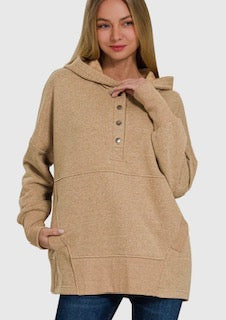 Half Button Hooded  Pullover w/ Kangaroo Pockets