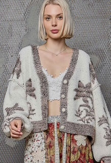 POL Balloon Sleeve V-Neck Floral Chenille Sweater Cardigan