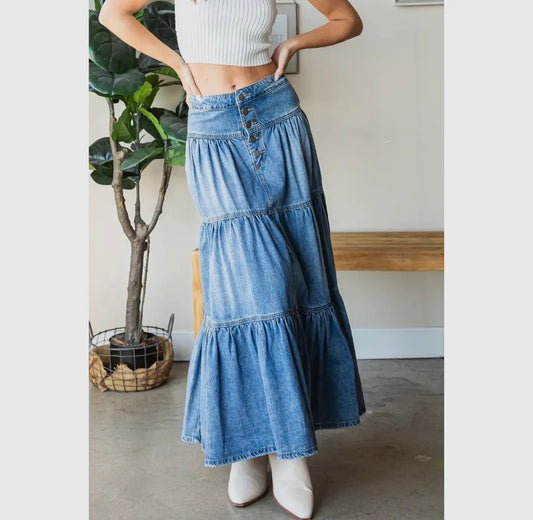 Denim Skirt-Front Button 3 Tiered