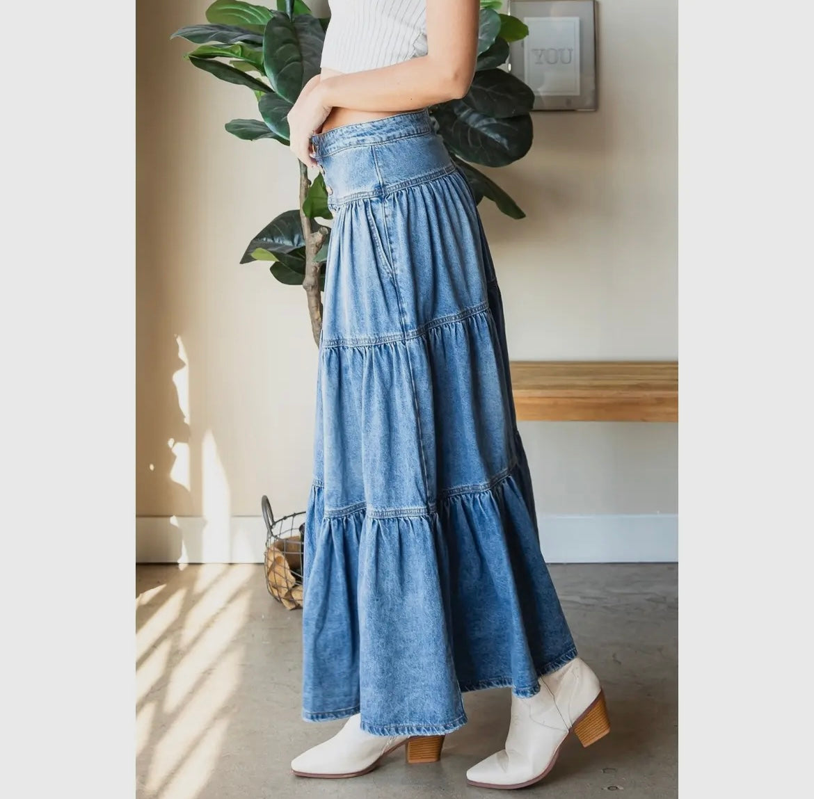 Denim Skirt-Front Button 3 Tiered