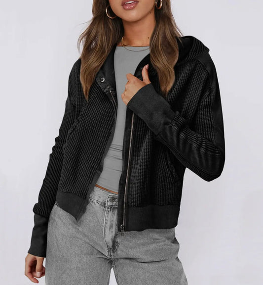 Hooded Zipper Spliced Knitted Jacket