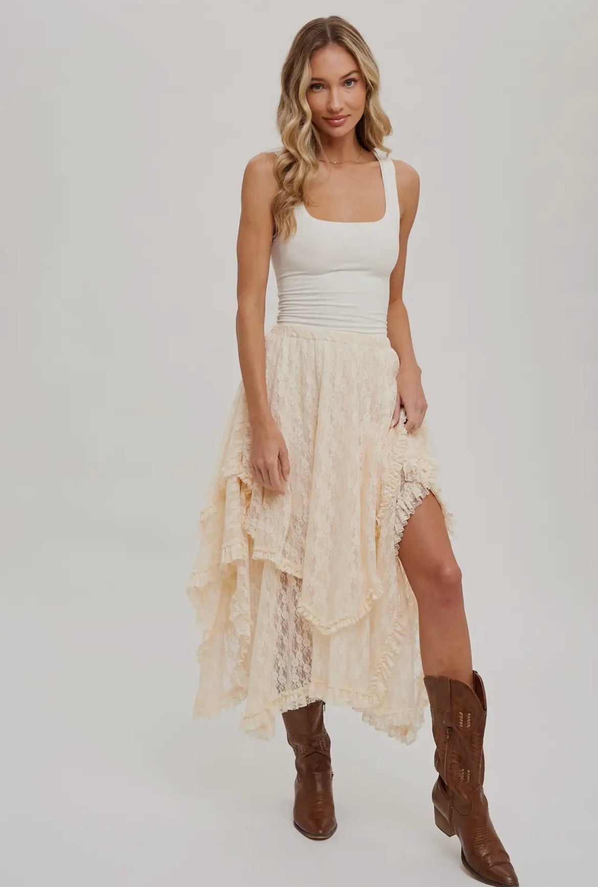 Boho Lace Tier Midi Skirt