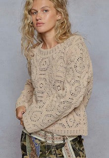 POL Mocha Open Knit Crochet Sweater