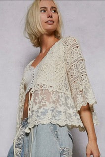 POL V Neck Short Sleeve Crochet Floral Lace Cardigan