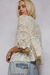 POL V Neck Short Sleeve Crochet Floral Lace Cardigan